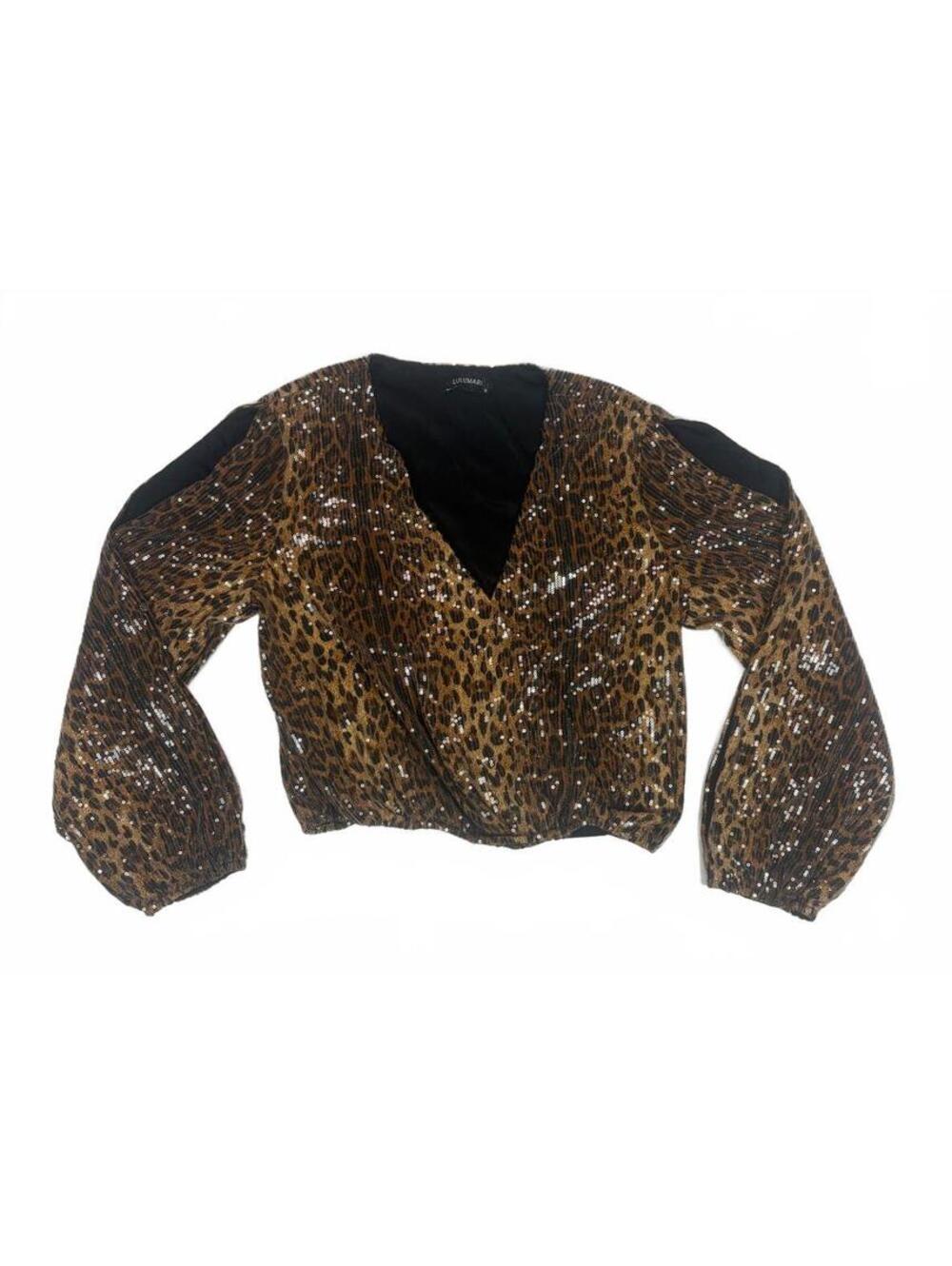 Mob Wife Lulumari Women's M Leopard Sequin Wrap Crop Top Cutout Balloon Sleeve